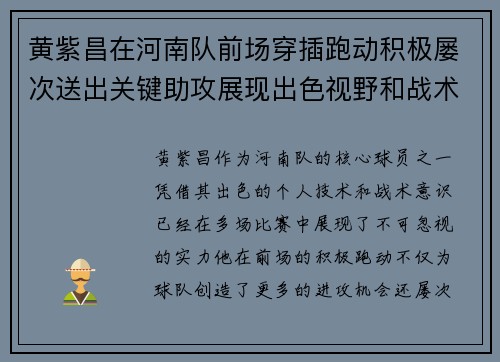 黄紫昌在河南队前场穿插跑动积极屡次送出关键助攻展现出色视野和战术意识 黄紫昌在河南队前场穿插跑动积极屡次送出关键助攻展现出色视野和战术意识